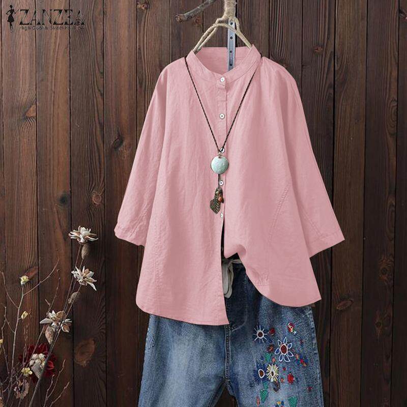 ZANZEA Women Long Sleeve Button Down Shirt Top Solid Basic Loose Plus Size Tunic Blouse