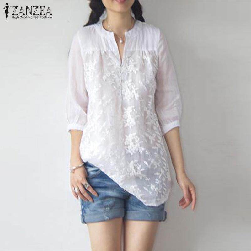 ZANZEA เสื้อเบลาส์แฟชั่น ถักโครเชต์ปักลาย คอวี แขนยาว