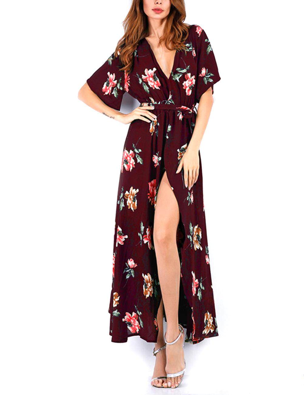 Veecome ผู้หญิงชุดเดรสลายดอกไม้ Boho V คอชีฟองยาวกระโปรงขนาดบวก M-XL สำหรับฤดูร้อน