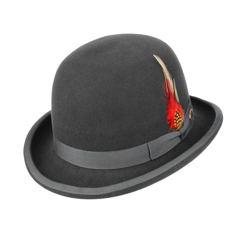 GEMVIE Classical British Style Men Fedoras 100% Wool Felt Hat Vintage Roll Brim Bowler Cap Formal Party President Hat With Feather