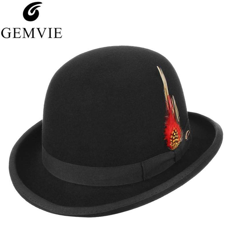 GEMVIE Classical British Style Men Fedoras 100% Wool Felt Hat Vintage Roll Brim Bowler Cap Formal Party President Hat With Feather