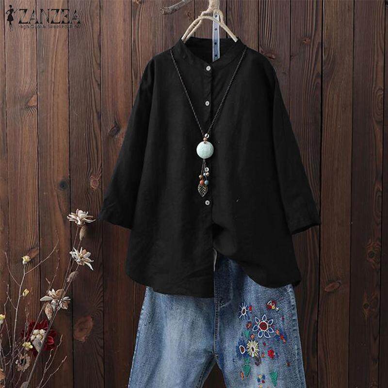 ZANZEA Women Long Sleeve Button Down Shirt Top Solid Basic Loose Plus Size Tunic Blouse