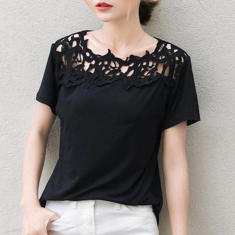 Female Milk Silk Lace Patchwork Blouse Shirt Short Sleeve Shirt Elegant Ladies Tops Plus Size Women's Clothing