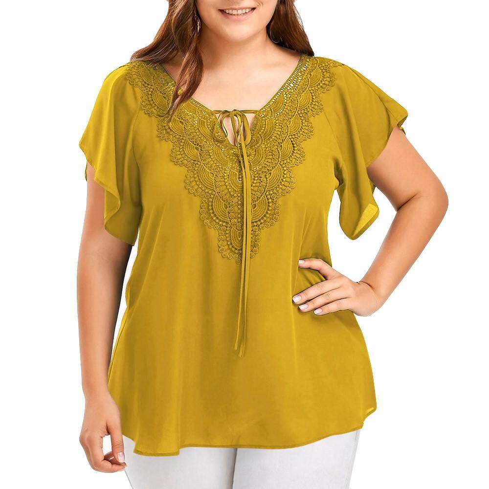 Womens Fashion Curve Appeal Lace T-Shirt Blouse Bat Short Sleeve Tops