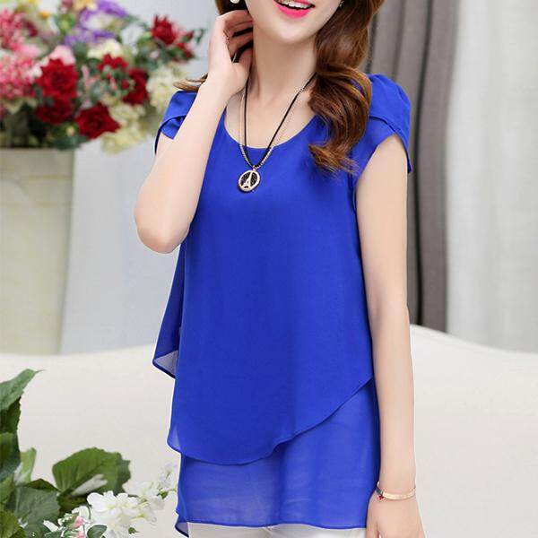 Amart แฟชั่นเสื้อผู้หญิงชีฟองแขนสั้นสีทึบหลวม Casual เสื้อยาวสีขาวขนาดพิเศษ - INTL