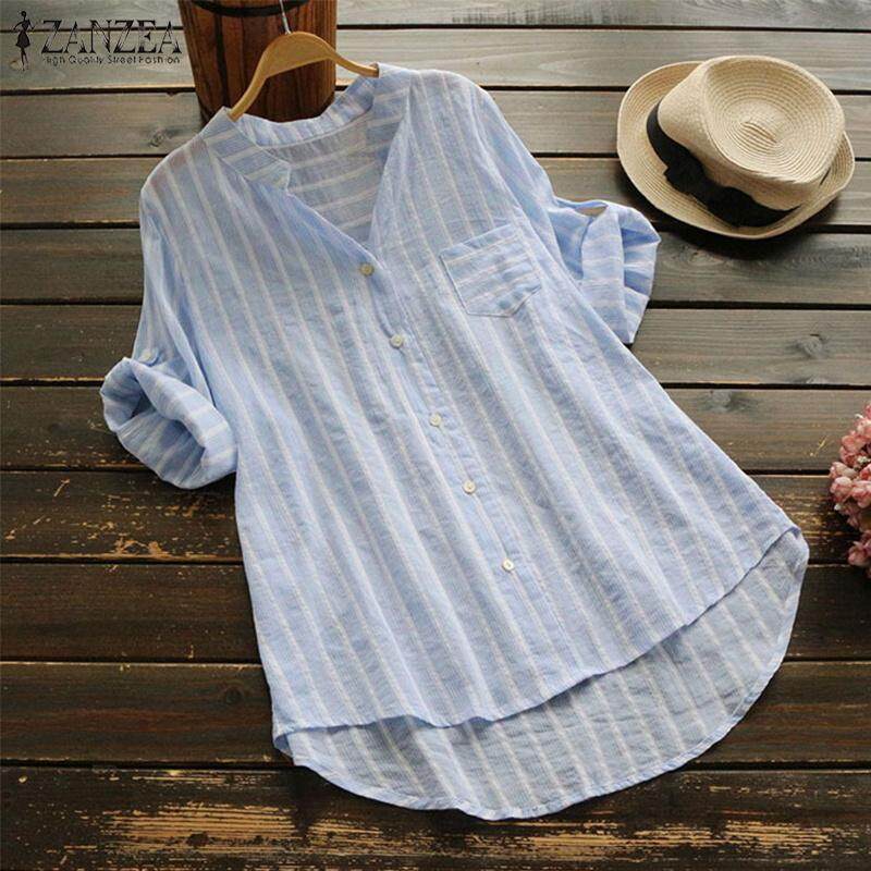 ZANZEA Women Asymmetrical Long Shirt Tops Casual Irregular Hem Stripe Blouse Plus Size
