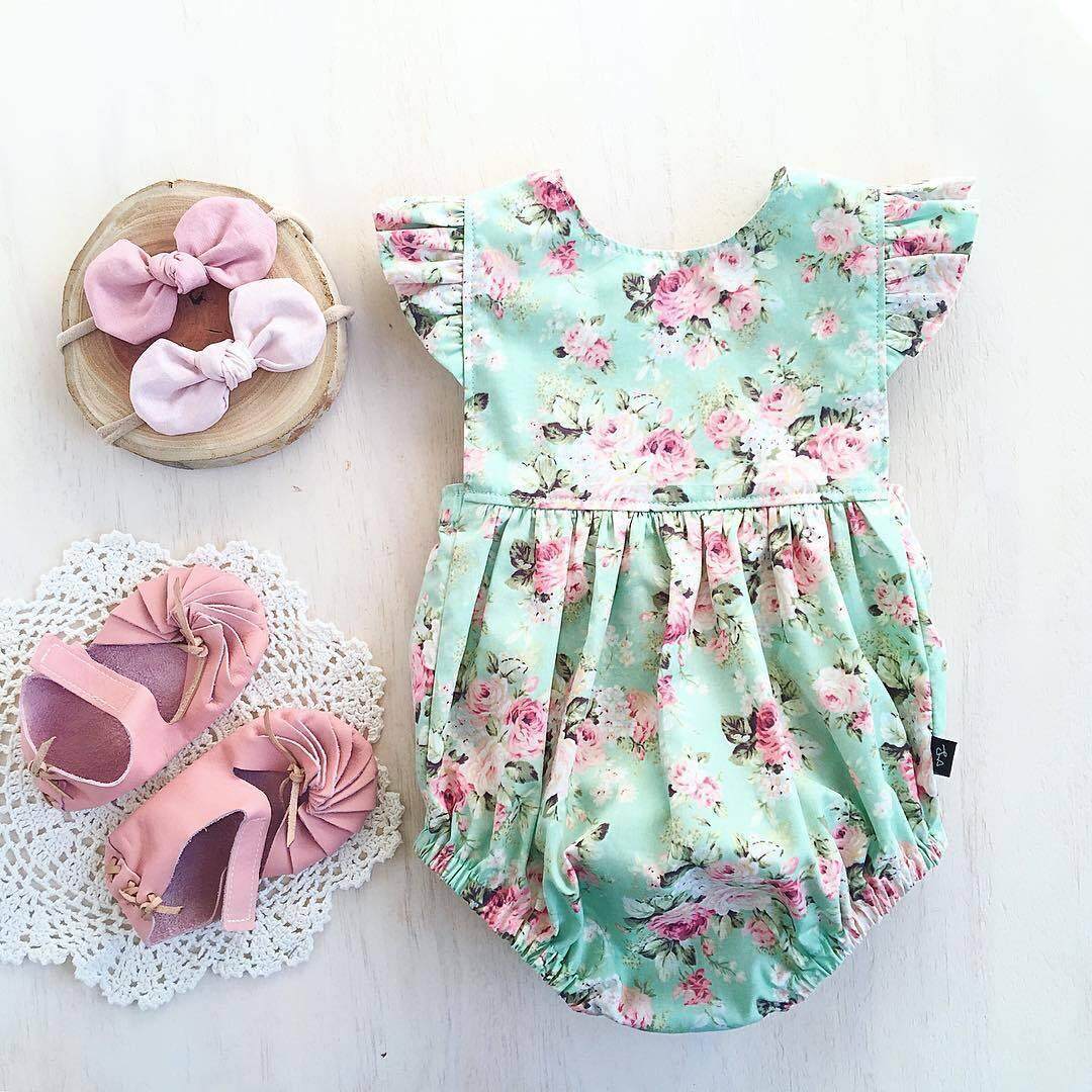 ใหม่เด็กหนึ่งชิ้นหญิงลายดอกไม้ฤดูร้อนชุดจัมพ์สูทระบายชาย Playsuit ทารก 0-18 เมตร