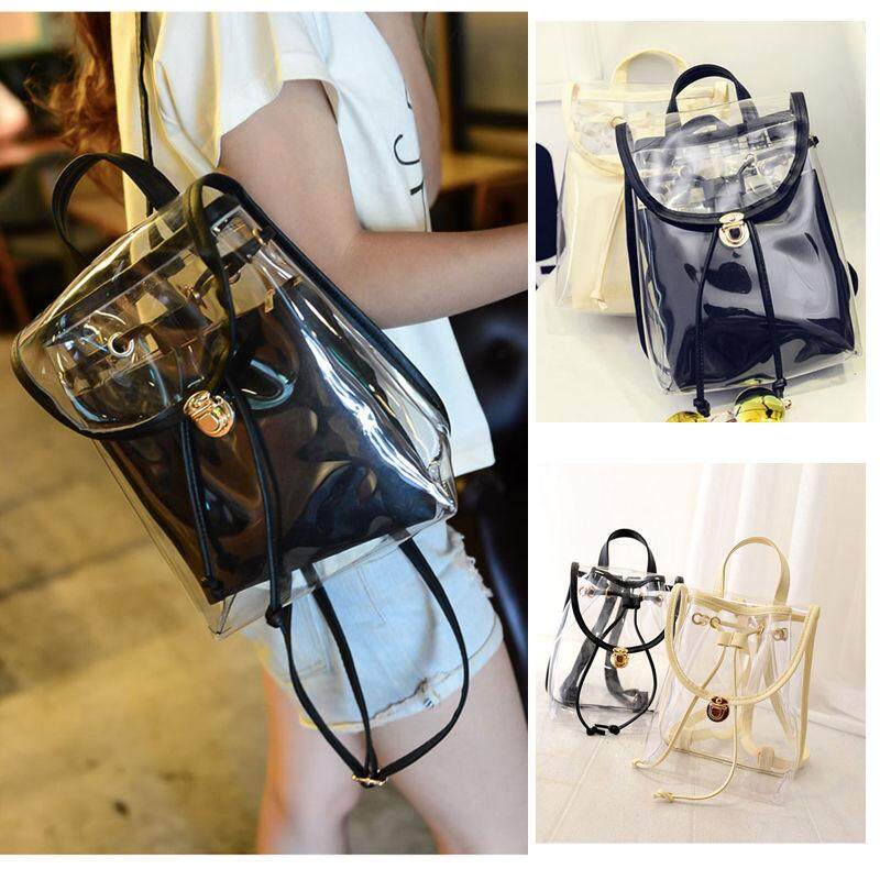 Clear สาวกระเป๋าเป้แบบใส 2 in 1 Satchel เยลลี่สตรีกระเป๋าใส่ของสำหรับเดินชายหาดกระเป๋านักเรียน - INTL