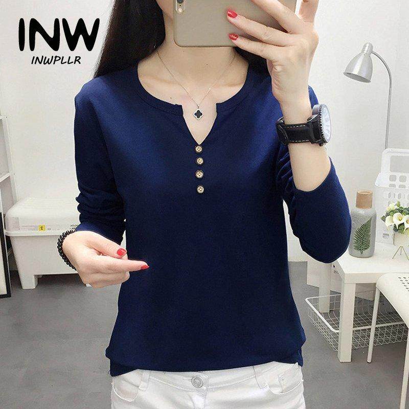 INWPLLR ผู้หญิง Tops Tees ฝ้ายผ้าฝ้าย T เสื้อแขนยาวสไตล์ฤดูใบไม้ร่วงเสื้อยืดผู้หญิงขนาดใหญ่ขนาดเสื้อผ้าผู้หญิงเสื้อยืดคอวี