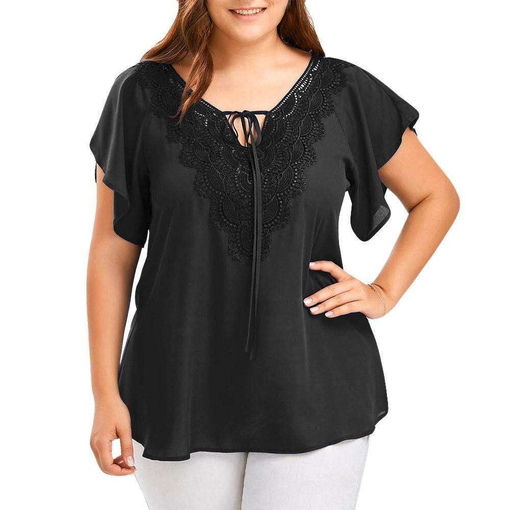 Womens Fashion Curve Appeal Lace T-Shirt Blouse Bat Short Sleeve Tops