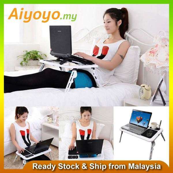 E-Table Portable Foldable Laptop Notebook Computer Desk Table USB Cooling Big Fan System Mouse Pad MultiFunction LED Light Cooler Pad PC Stand Adjustable Macbook Apple Mac Windows Office Bed Reading, Writing Eating Drawing Malaysia