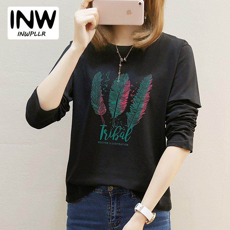 INWPLLR ฤดูใบไม้ร่วงเสื้อยืดสำหรับผู้หญิงแฟชั่นแขนยาวตัวอักษรง่ายๆเสื้อยืดเสื้อผ้าผู้หญิง Tees น่ารัก Feather พิมพ์เสื้อเสื้อยืดสตรี