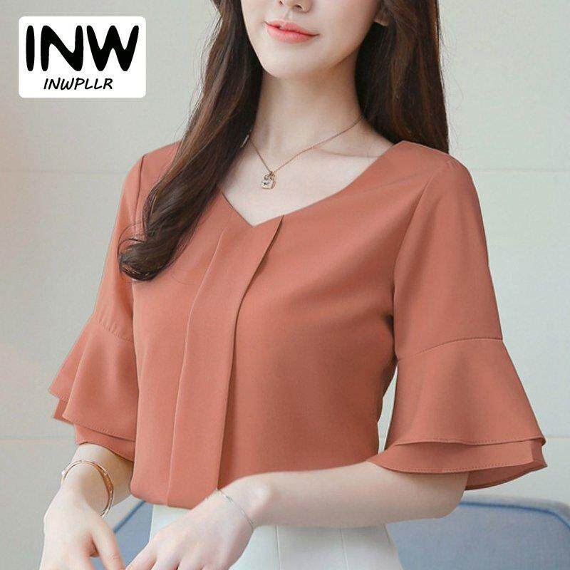 INWPLLR เสื้อสตรี Casaul ชีฟองธรรมดาเสื้อสตรี Flare Sleeve เกาหลีแฟชั่นของผู้หญิง Tops หญิงขนาดพิเศษ INWPLLR เสื้อสตรี Casaul ชีฟองธรรมดาเสื้อสตรี Flare Sleeve เกาหลีแฟชั่นของผู้หญิง Tops หญิงขนาดพิเศษ