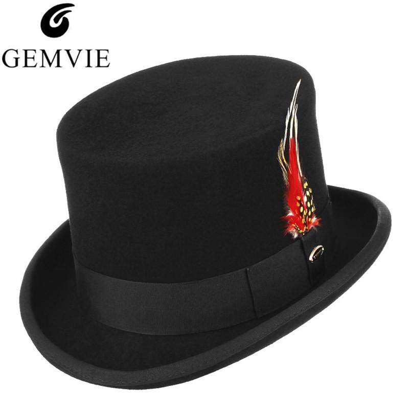 GEMVIE Retro Men Top Hat 100% Wool Fedoras Classical President Cap With Feather Formal Party Gentlemen Hat Punk Style Cosplay Magician Magic Hat GEMVIE Retro Men Top Hat 100% Wool Fedoras Classical President Cap With Feather Formal Party Gentlemen Hat Punk Style Cosplay Magician Magic Hat
