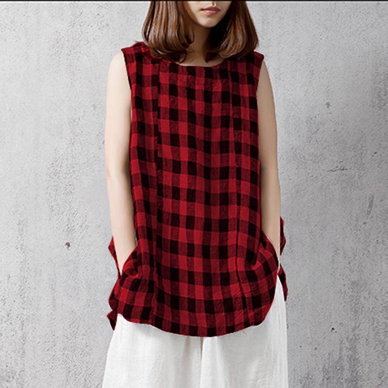 ZANZEA ผู้หญิงแขนกุดลายสก๊อตฤดูร้อนถังเสื้อเสื้อเสื้อแดง - สนามบินนานาชาติ