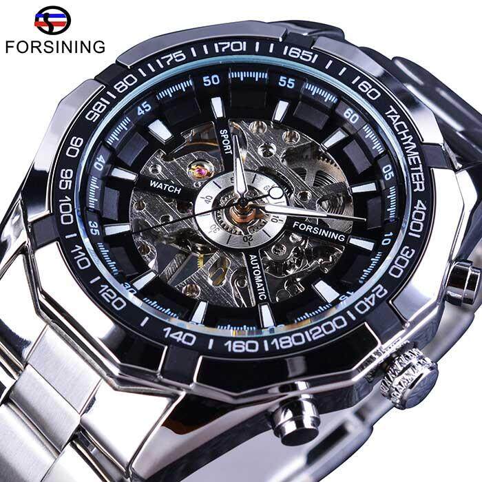 Forsining กีฬาแข่งขันรุ่นเหล็กกล้าไม่เป็นสนิมสีดำ Golden Dial Luxury นาฬิกาโครงกระดูกสำหรับผู้ชายนาฬิกาข้อมือผู้ชาย