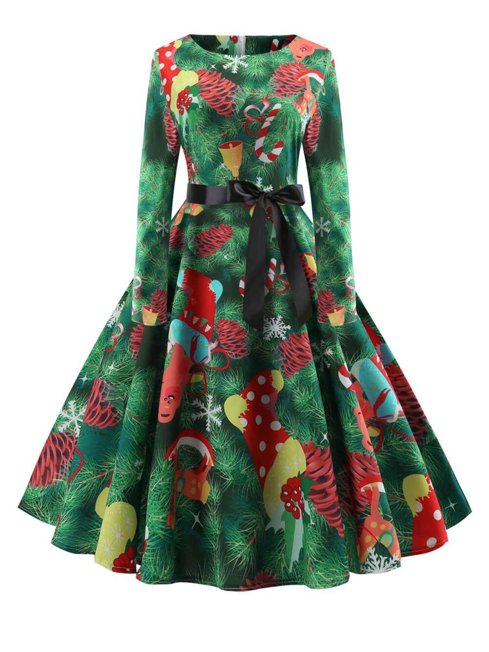 Hepburn VINTAGE ชุดเสื้อผ้ากุลสตรีฤดูใบไม้ผลิและฤดูหนาวคอกลมพิมพ์ลายคริสต์มาสเย็บออกแบบเข็มขัดแขนยาว Corset ชุดเดรสเรโทร Hepburn VINTAGE ชุดเสื้อผ้ากุลสตรีฤดูใบไม้ผลิและฤดูหนาวคอกลมพิมพ์ลายคริสต์มาสเย็บออกแบบเข็มขัดแขนยาว Corset ชุดเดรสเรโทร