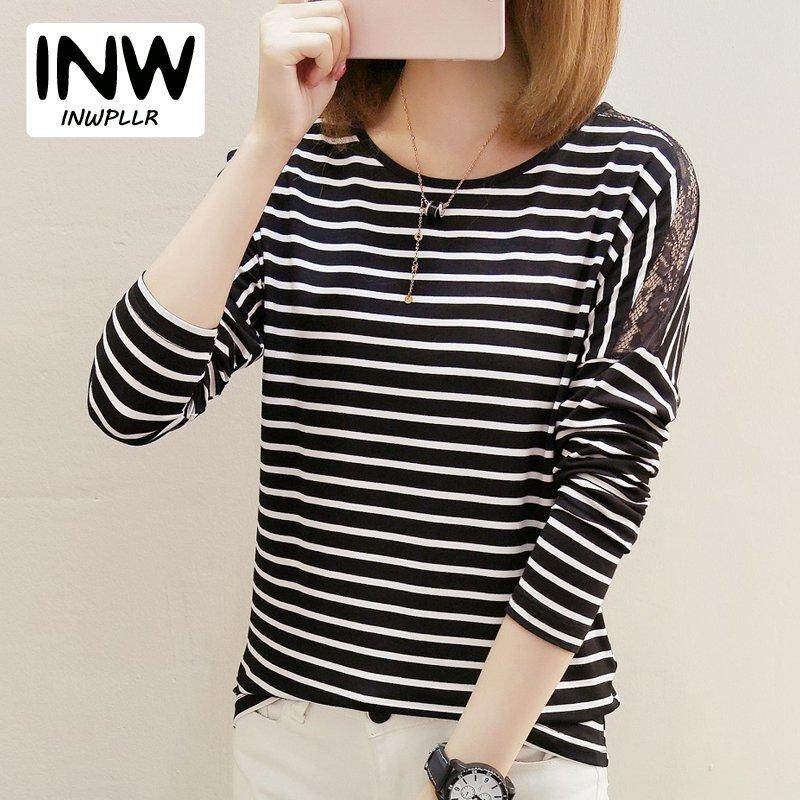 INWPLLR ฤดูใบไม้ร่วง TShirt หญิงเสื้อยืดลายทาง O - Neck เสื้อยืดสำหรับผู้หญิงลำลองลูกไม้ Patchwork T เสื้อผ้าฝ้ายแขนยาวสตรีเสื้อยืด INWPLLR ฤดูใบไม้ร่วง TShirt หญิงเสื้อยืดลายทาง O - Neck เสื้อยืดสำหรับผู้หญิงลำลองลูกไม้ Patchwork T เสื้อผ้าฝ้ายแขนยาวสตรีเสื้อยืด