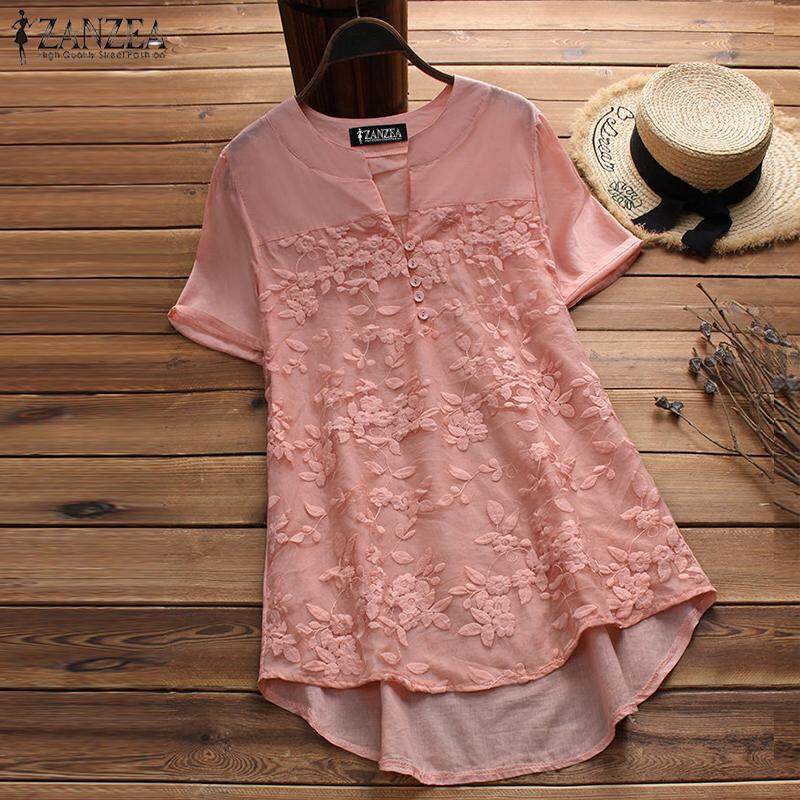 ZANZEA Women Plus Size Floral Top Tee T Shirt V Neck Flare Basic Solid Tunic Blouse