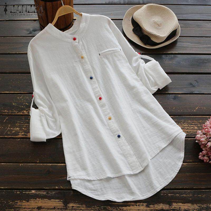 ZANZEA Women Long Sleeve Casual Shirt Tops Buttons Down Asym Cotton Blouse Plus