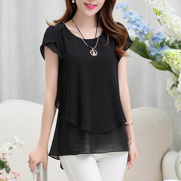 Amart แฟชั่นเสื้อผู้หญิงชีฟองแขนสั้นสีทึบหลวม Casual เสื้อยาวสีขาวขนาดพิเศษ - INTL