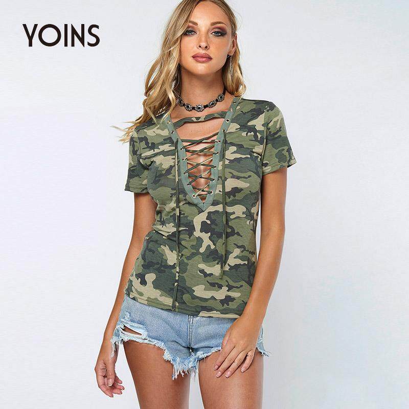 YOINS ฤดรอนสบปะรดพมพ V Neck LACE up ชดวายนำเปดหลง