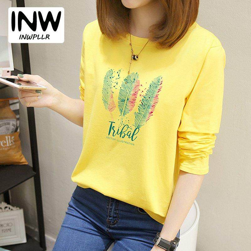 INWPLLR ฤดูใบไม้ร่วงเสื้อยืดสำหรับผู้หญิงแฟชั่นแขนยาวตัวอักษรง่ายๆเสื้อยืดเสื้อผ้าผู้หญิง Tees น่ารัก Feather พิมพ์เสื้อเสื้อยืดสตรี