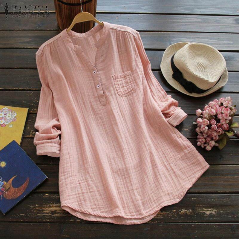ZANZEA Women Long Sleeve Cotton Casual Shirt Tops Tunics Loose Blouse Ethnic Plus Shirt