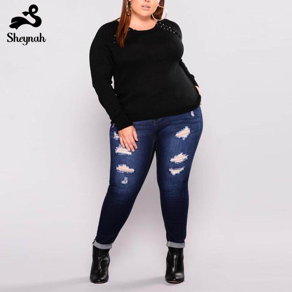 5XL 6XL ขนาดพิเศษยีนส์สตรี Retro ขนาดใหญ่สบายๆยีนส์รัดรูปเอวลอยเข้ารูปกางเกง bodycon ยืด Ripped กางเกง
