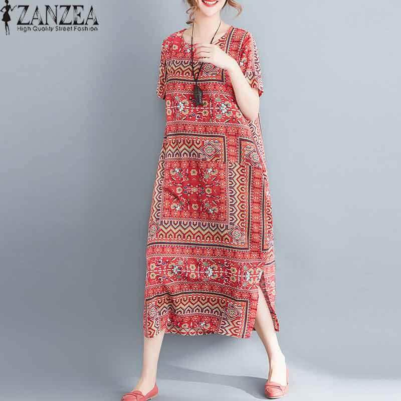 ZANZEA ผู้หญิงแขนสั้นเสื้อยืดชุดพิมพ์ลายดอกไม้ฤดูร้อนชุดเดรสเชิ้ตยาวใหม่ - INTL