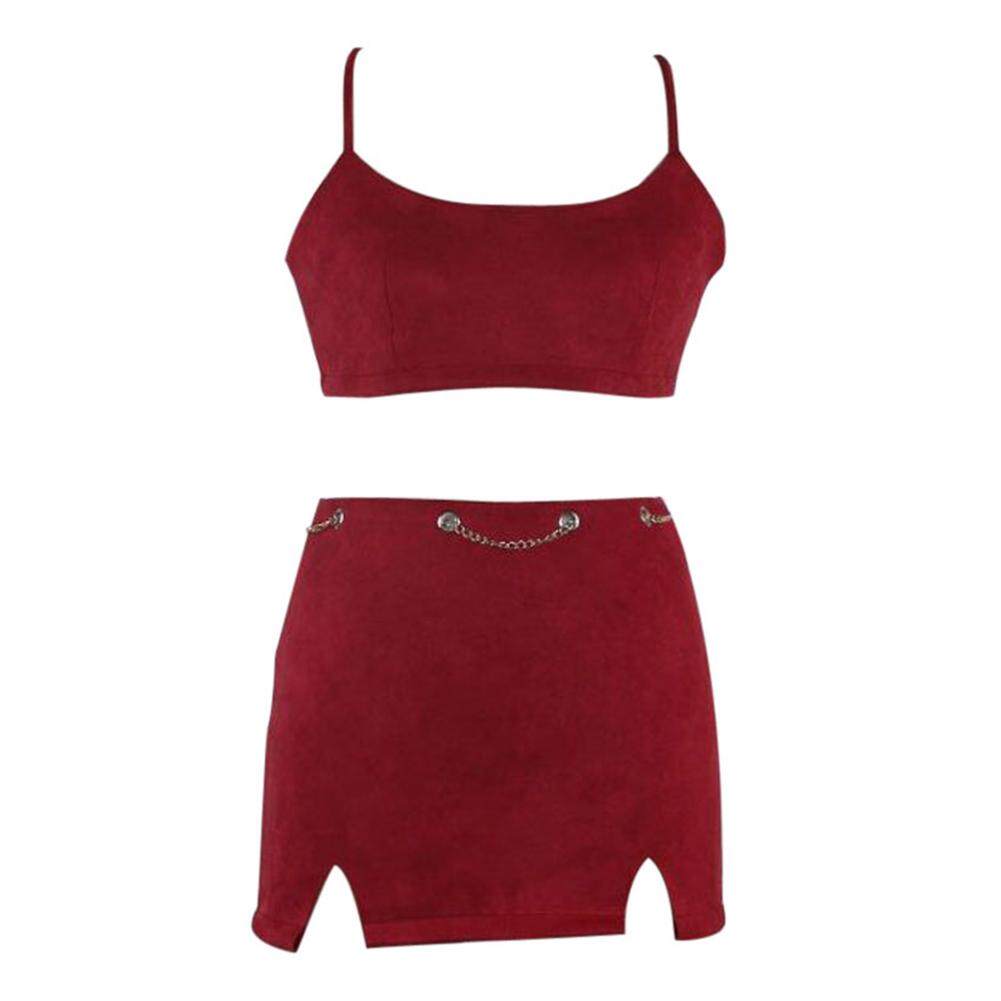 ผู้หญิงเซ็กซี่สองชิ้นชุดข้ามสายคล้องคอเสื้อบอดี้กระโปรงไนท์คลับชุด Burgundy/เทา - นานาชาติ