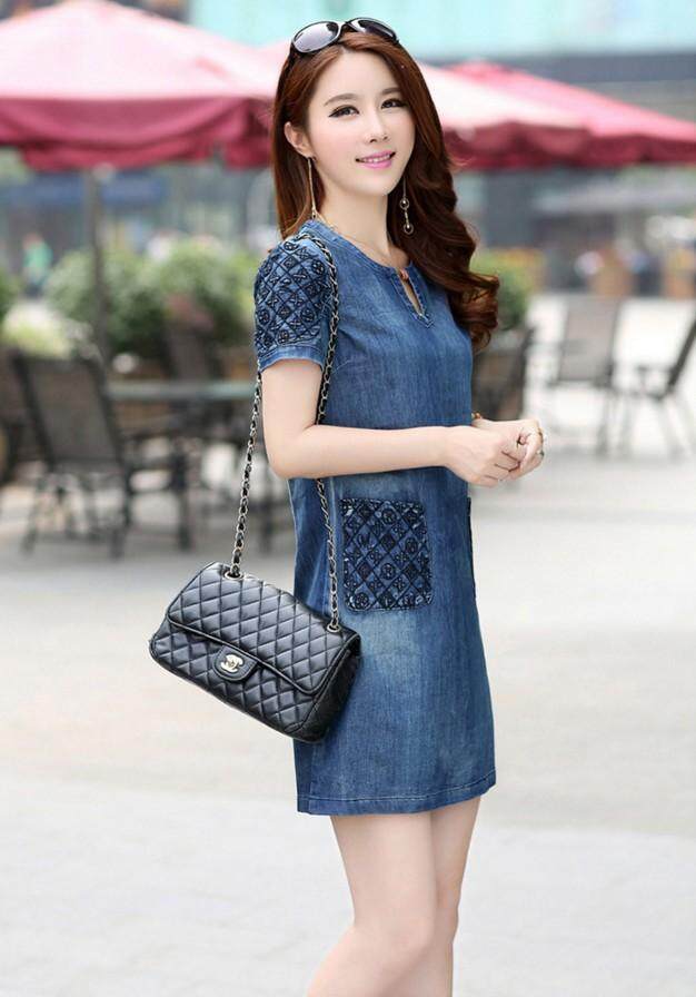 ชุดเดรสยีนส์ผู้หญิง เดรสกระโปร่ง Two-Pocketed Style Denim Dress ชุดเดรสยีนส์ผู้หญิง เดรสกระโปร่ง Two-Pocketed Style Denim Dress