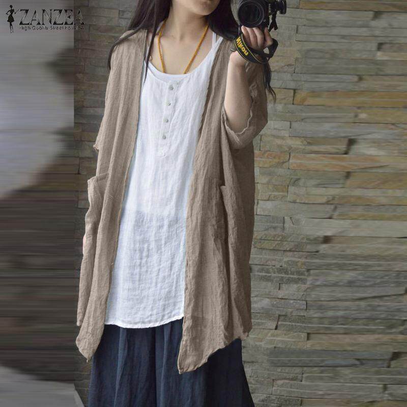 ZANZEA ผู้หญิงเปิดด้านหน้าเสื้อคาร์ดิแกนลำลองหลวมเสื้อยืดลายบิดเบี้ยวแจ็คเก็ต Coat PLUS
