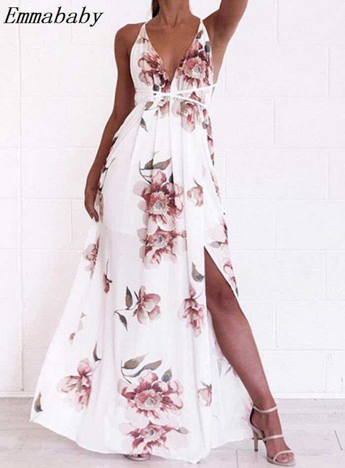 ผู้หญิง Boho ยาวชุดเดรสแม็กซี่สุภาพสตรีชุดราตรี Summer Beach Sundress