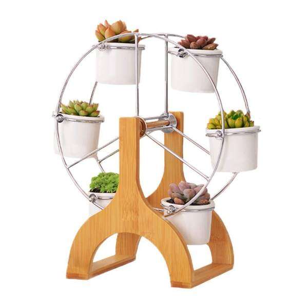 Ferris Wheel Tabletop Succulent Plant Pot with 6pcs White Ceramic Succulent Pots - Modern Decorative Flower Planter Plant Pot with Drainage - Home Office Desk Garden Mini Cactus Pot Indoor Decoration