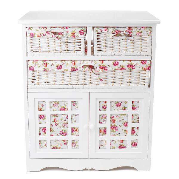 White Wicker Basket Storage Unit Chic Bedside Table Cabinet Chest of Drawers