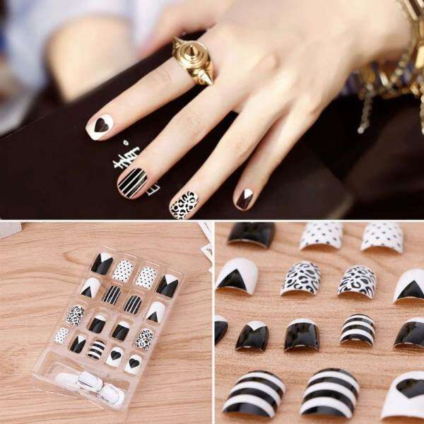 24Pcs White Black Nail Tip Acrylic Short Full False Nail Art Tips DIY Sticker - intl Philippines