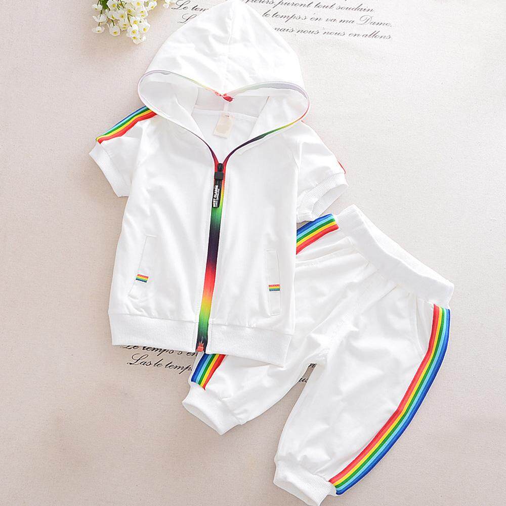 Ishowmall New Kid Summer Casual Fashion Cute Short Sleeve Hooded Zipper Tops+Pants