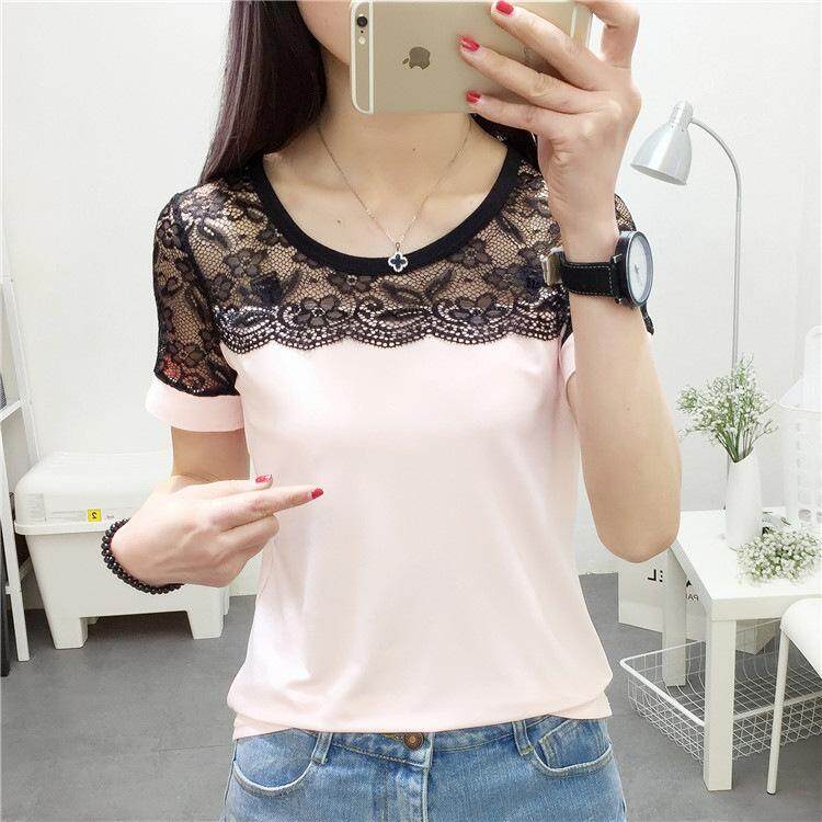 Women Summer Lace Stitching Short-sleeved T-shirts Female Korean Style Plus Size Bottoming Shirts Lady Fashion Blouse