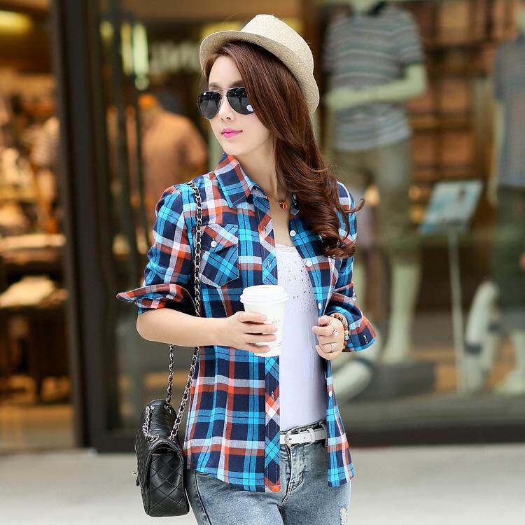 เสื้อเชิ้ตลายสก๊อตเสื้อเกาหลีหญิงแขนยาว (8866-27)
