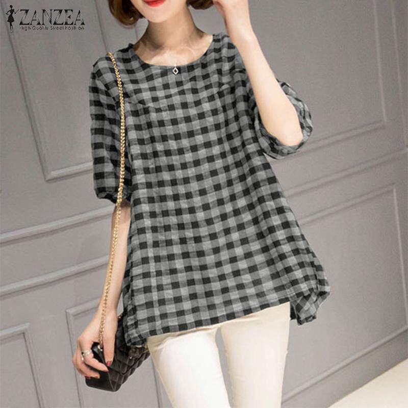 ZANZEA Women Short Sleeve Plaid Check Tunic Top T Shirt Plus Size Blouse