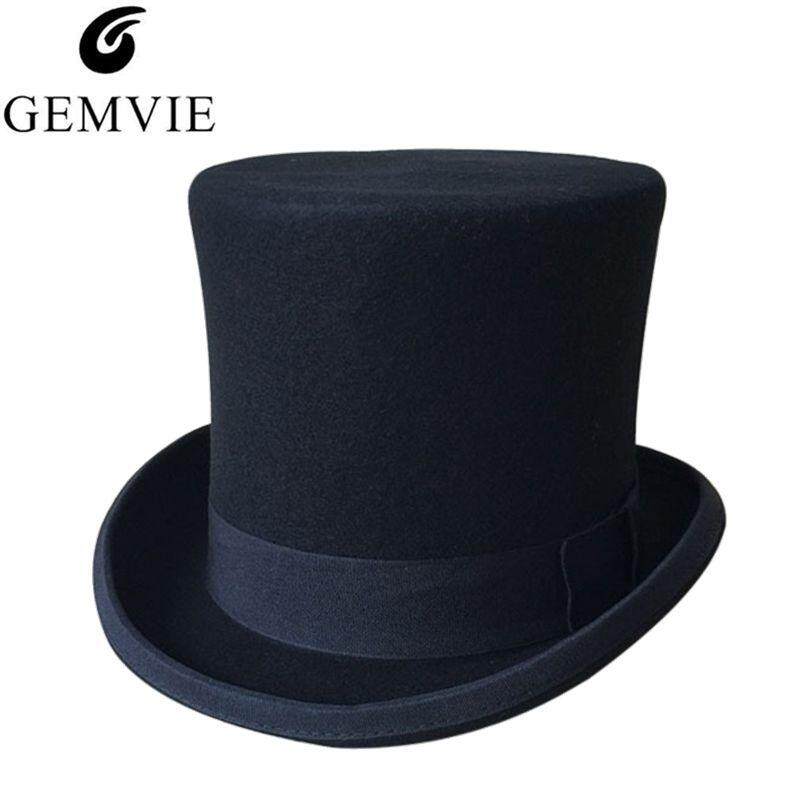 GEMVIE Black Men Woolen Fedora Hat Flat Mad Hatter Top Hat Traditional President Hat Steampunk Magic Hat Packaging With Box