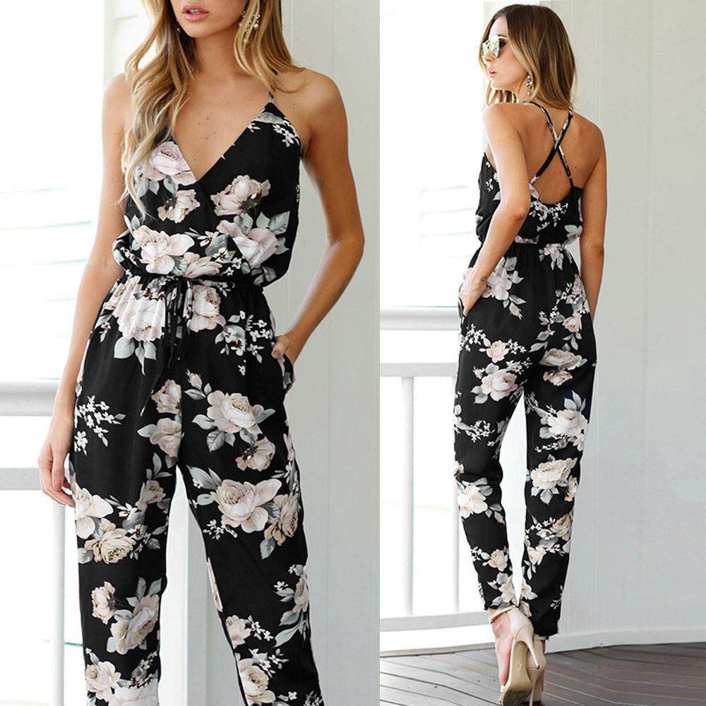 Inesshop ผู้หญิงแขนกุดคอ V คอชุดเล่นพิมพ์ลายดอกไม้ PARTY กางเกง Jumpsuit L - INTL Inesshop ผู้หญิงแขนกุดคอ V คอชุดเล่นพิมพ์ลายดอกไม้ PARTY กางเกง Jumpsuit L - INTL