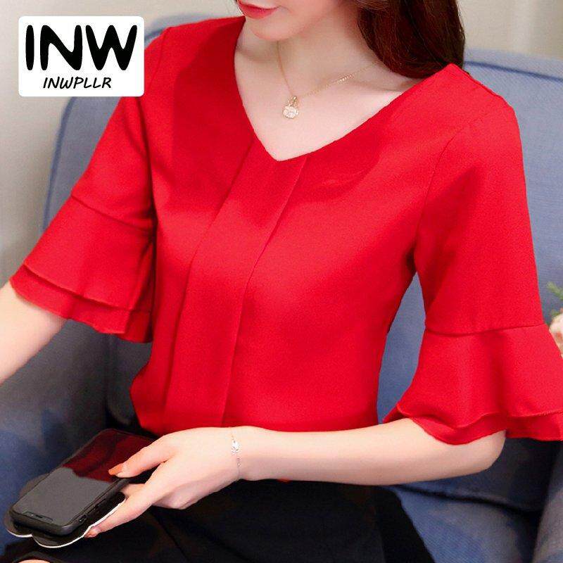 INWPLLR เสื้อสตรี Casaul ชีฟองธรรมดาเสื้อสตรี Flare Sleeve เกาหลีแฟชั่นของผู้หญิง Tops หญิงขนาดพิเศษ