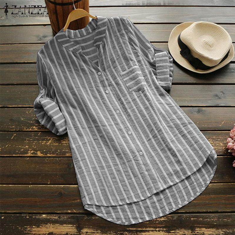 ZANZEA Women Asymmetrical Long Shirt Tops Casual Irregular Hem Stripe Blouse Plus Size