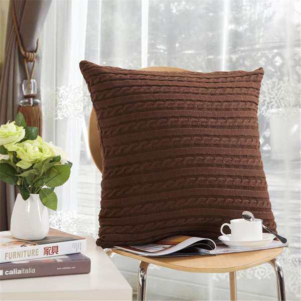 Decorative Cozy Cable Knit Throw Pillow Cover Cotton Super Soft Warm Pillow Case#Coffee