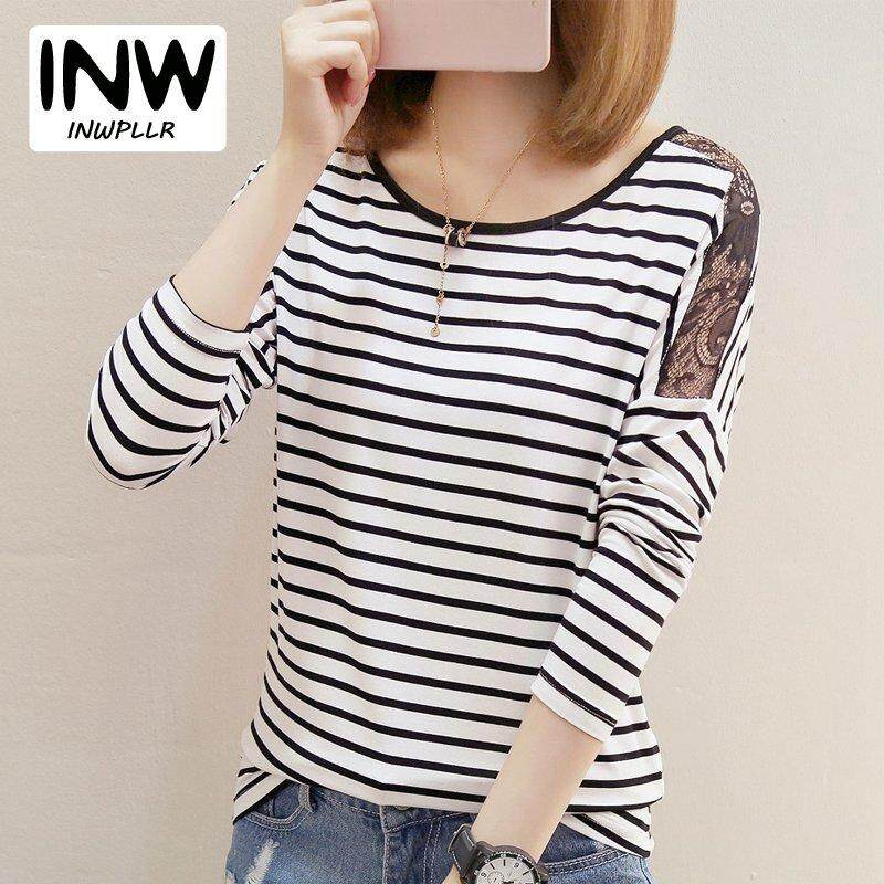 INWPLLR ฤดูใบไม้ร่วง TShirt หญิงเสื้อยืดลายทาง O - Neck เสื้อยืดสำหรับผู้หญิงลำลองลูกไม้ Patchwork T เสื้อผ้าฝ้ายแขนยาวสตรีเสื้อยืด