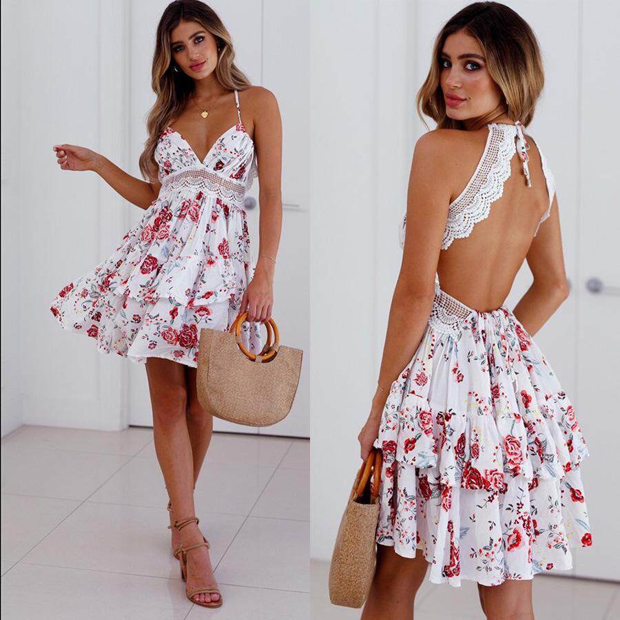 Women Sexy Backless Deep V Neck Pleated Summer Dresses Hollow Out Beach Wear