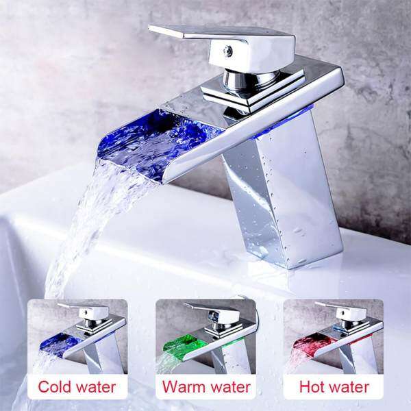 Magic Cube Temperature-control 3 Colour Copper LED Faucet Luminous Waterfall Tap Bathroom Taps Basin Mixer