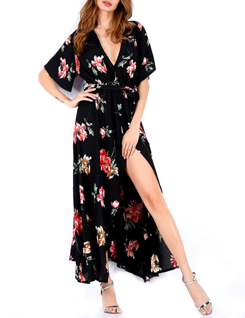 Veecome ผู้หญิงชุดเดรสลายดอกไม้ Boho V คอชีฟองยาวกระโปรงขนาดบวก M-XL สำหรับฤดูร้อน Veecome ผู้หญิงชุดเดรสลายดอกไม้ Boho V คอชีฟองยาวกระโปรงขนาดบวก M-XL สำหรับฤดูร้อน
